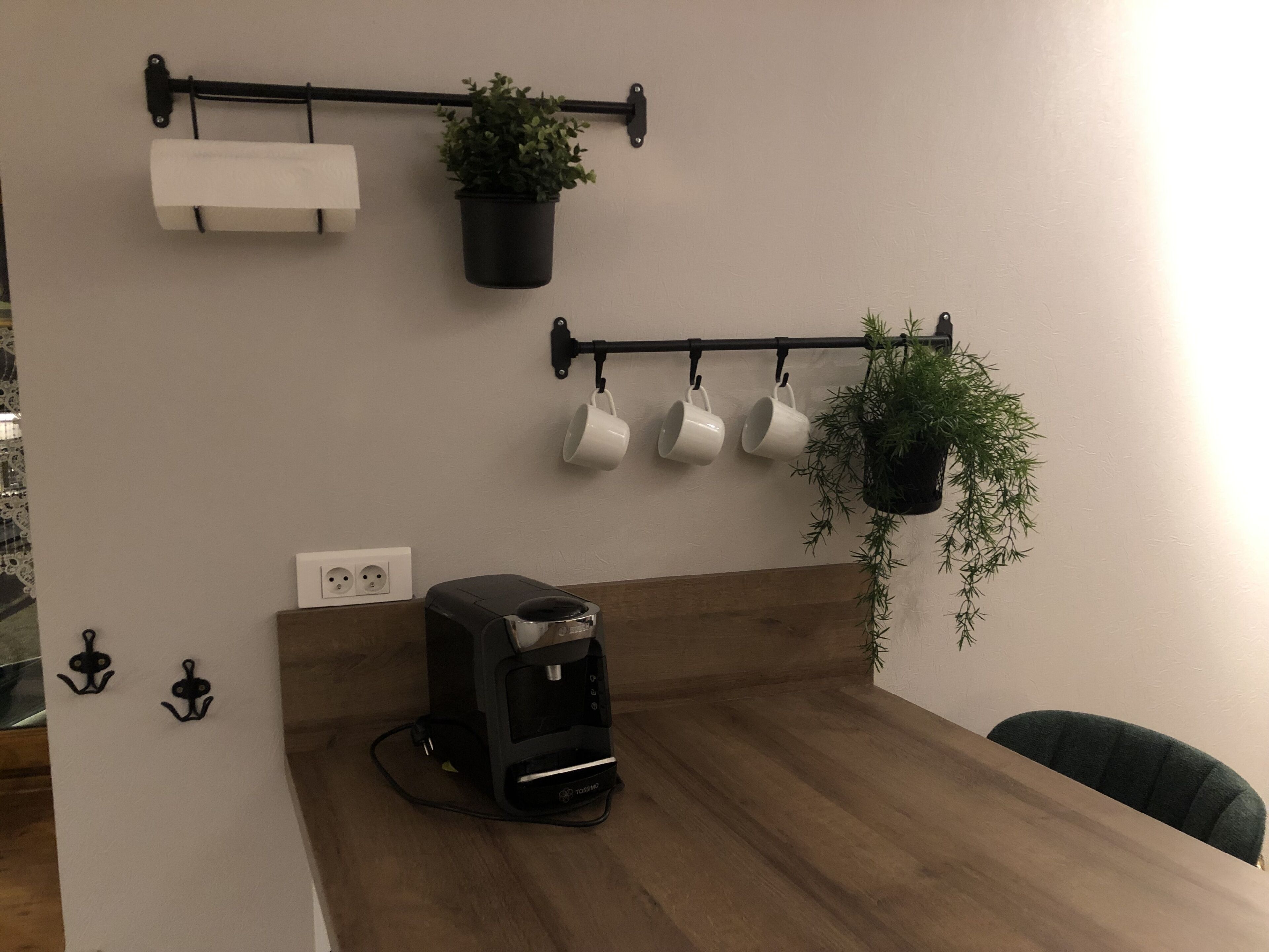 Eine Küche mit Kaffeemaschine, einer hängenden Pflanze und einem Regal mit Tassen und Küchenpapier.