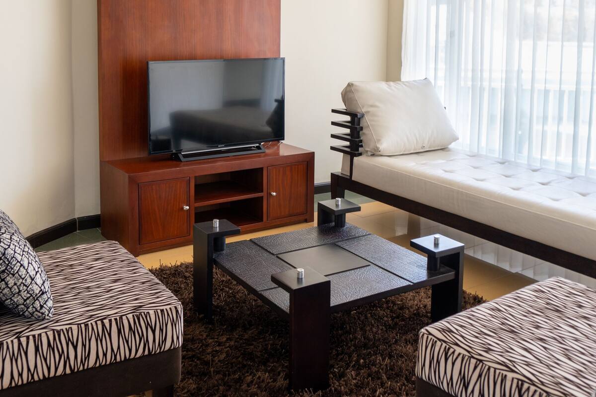 A modern living room with a flat-screen TV on a wooden cabinet, two patterned sofas, a coffee table, and a large window with sheer curtains.
