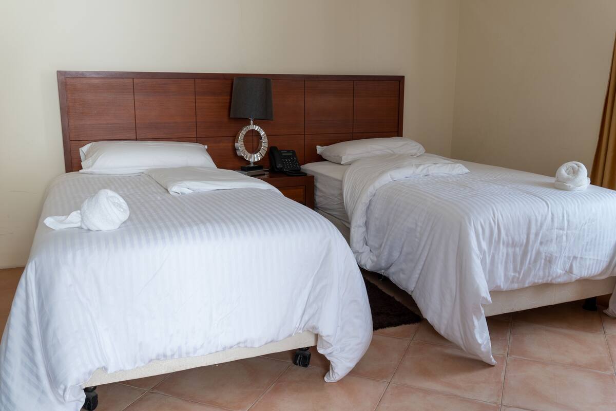 A hotel room with two single beds, a wooden headboard, a bedside table with a lamp, and a telephone.