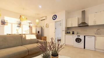 A modern apartment with a living room, kitchenette, and a washing machine.