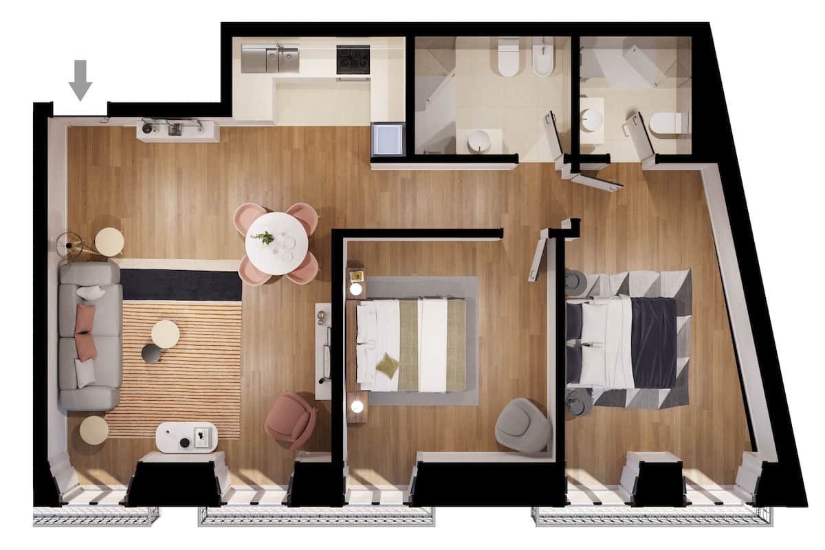 Un plan d’aménagement de chambre d’hôtel comprenant un lit, un coin salon et une kitchenette.