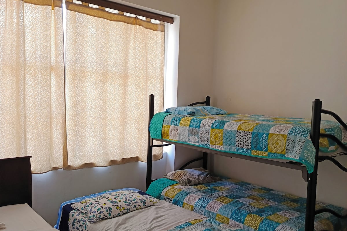 A dormitory room with bunk beds, a window with curtains, and a bed with a tiger blanket.