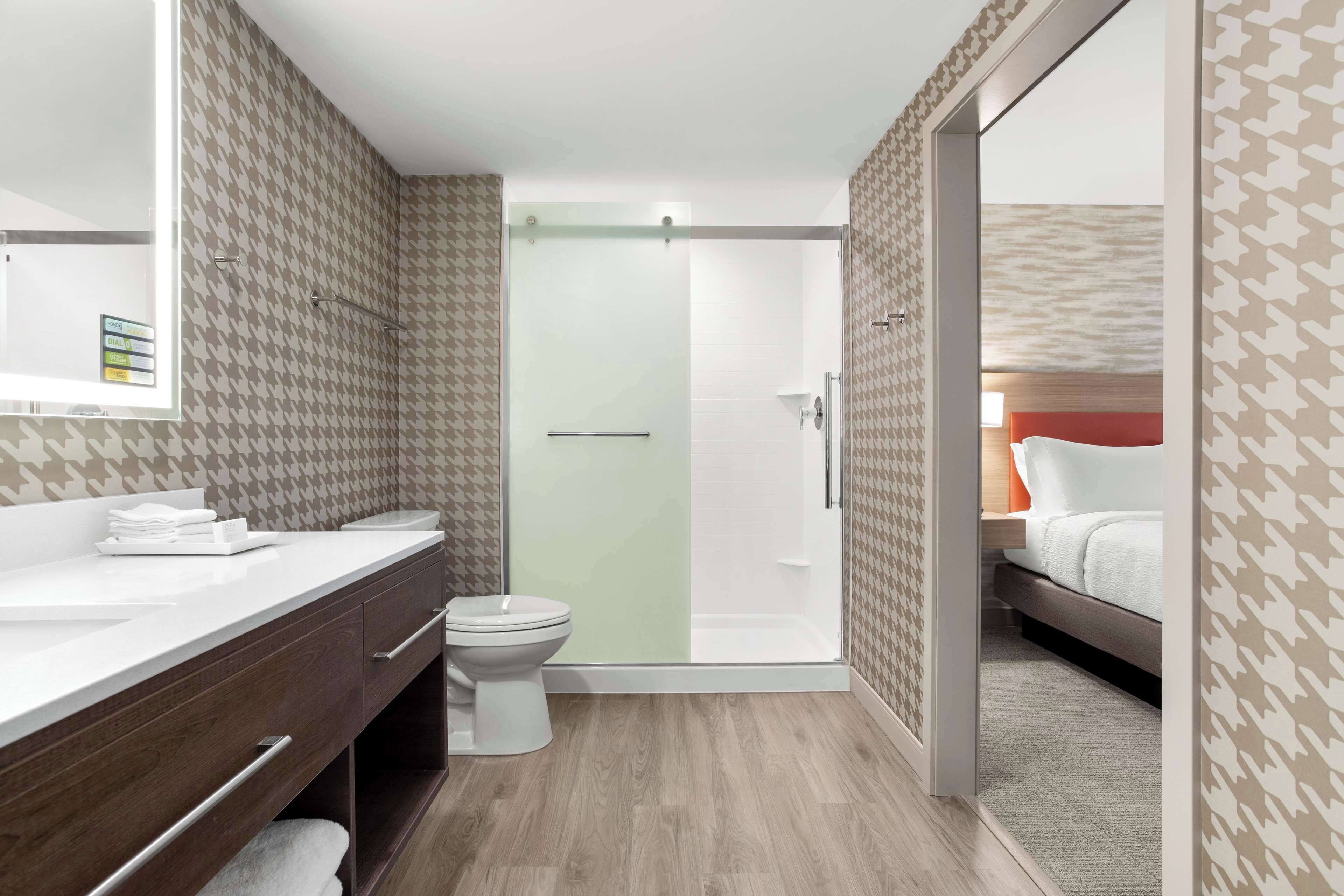 A modern bathroom with a shower, toilet, and a vanity with a mirror.