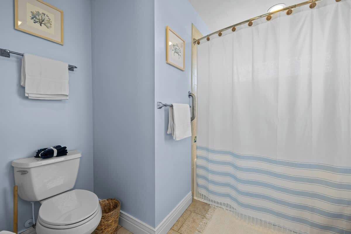 Une salle de bain avec des toilettes, un rideau de douche et deux tableaux encadrés accrochés au mur.