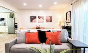 Smart TV, fireplace, books