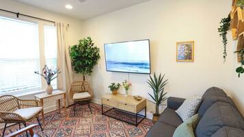 A living room with a sofa, a TV, a wooden side table, a patterned rug, and a large plant.