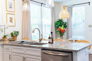 A modern kitchen with a granite countertop, stainless steel sink, and overhead pendant lighting. - The Botanical Suite. Newly Built, Upscale, Central (Gainesville)