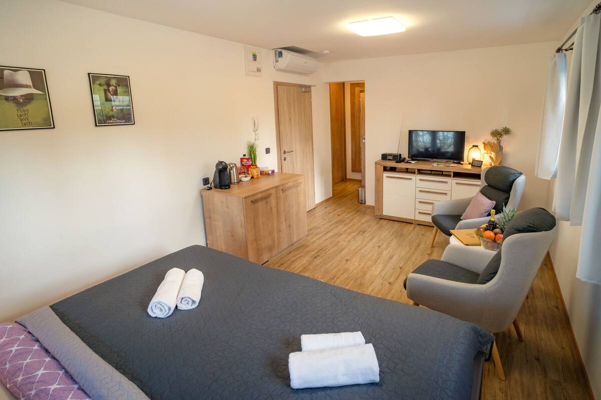 Quarto de hotel com cama, escrivaninha, cadeira, televisão e cozinha compacta.
