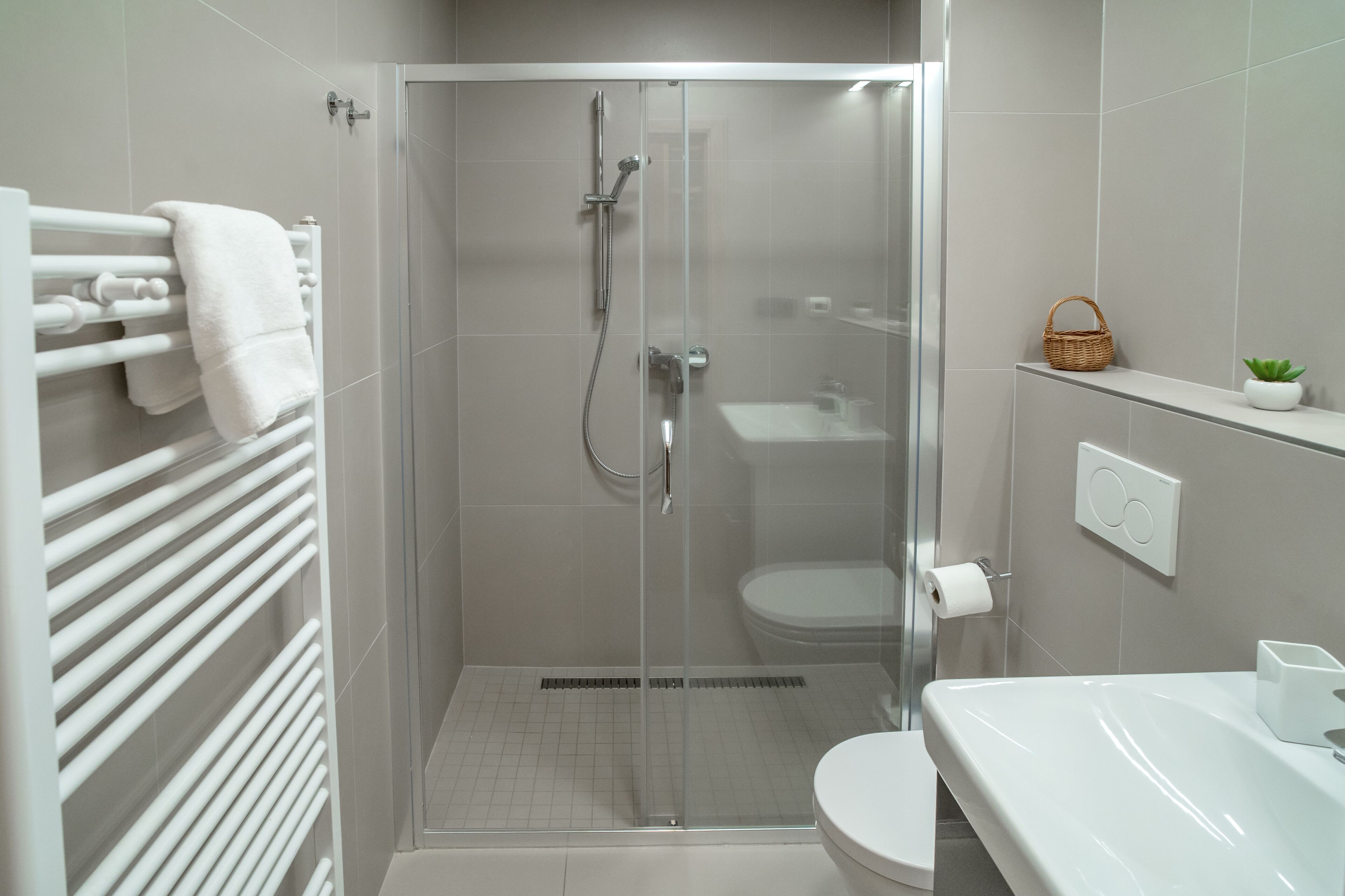 Une salle de bain moderne avec une douche à parois de verre, des accessoires blancs et une petite plante posée sur le meuble-lavabo.