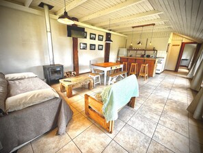 Panoramic-Ferienhütte, 1 Schlafzimmer, Seeblick, Seeseite (H58) | Wohnbereich | 43-Zoll-Smart-TV mit Satellitenempfang, Kamin, Netflix