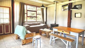 Panoramic Cabin, 1 Bedroom, Lake View, Lakeside (H58) | Living area | 43-inch Smart TV with satellite channels, fireplace, Netflix