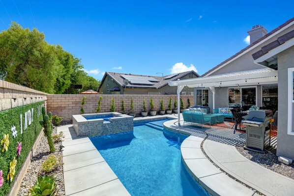 Jacuzzi & pool are only 1 year old w/Pebbletec lining. Heated for add'l fee.