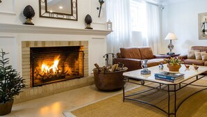 A cozy living room with a fireplace, a sofa, a coffee table, and a potted plant. - Pousada Casa Gialla - Campos do Jordão (Campos do Jordão)