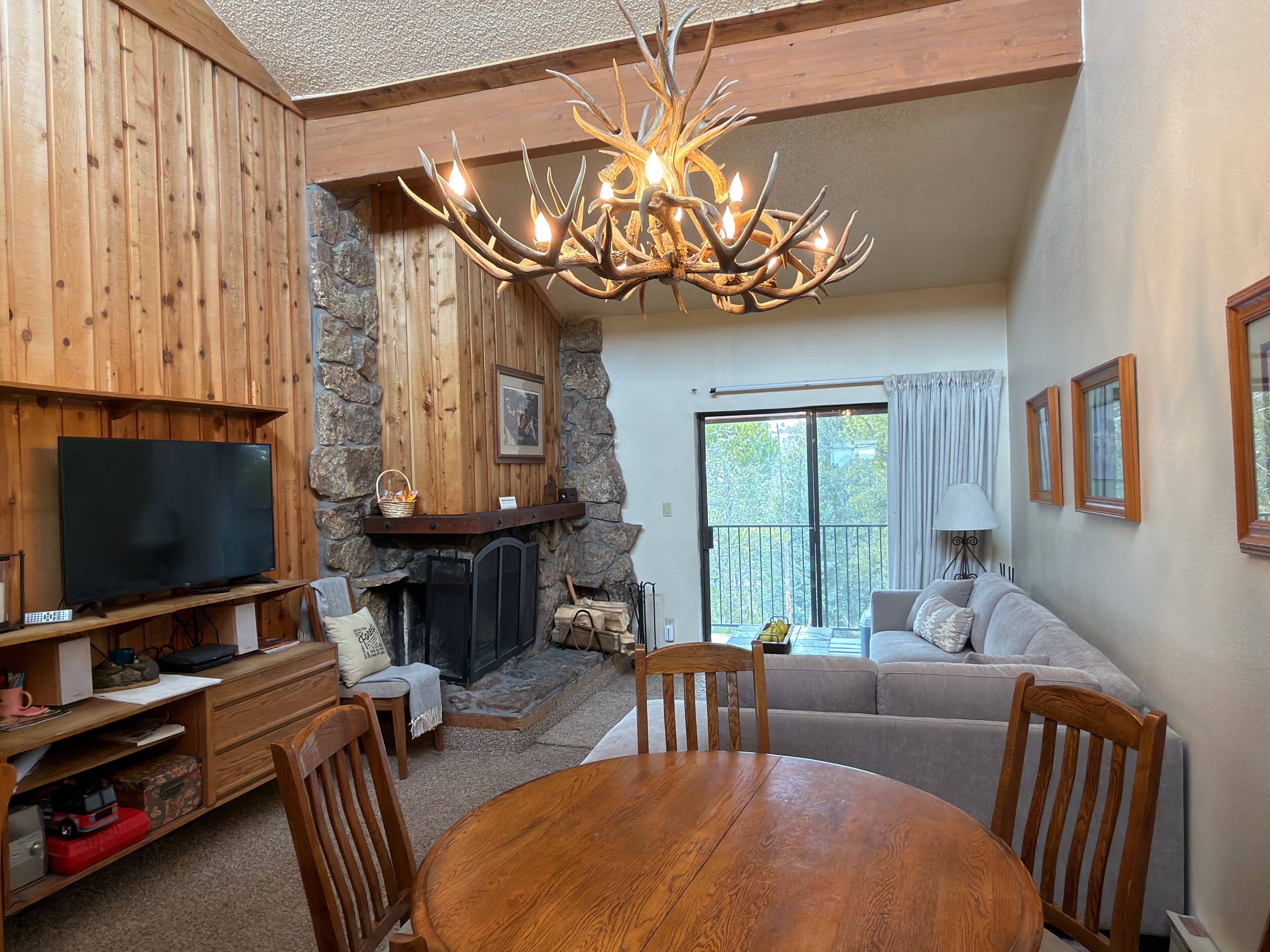 Smart TV, fireplace, DVD player, books