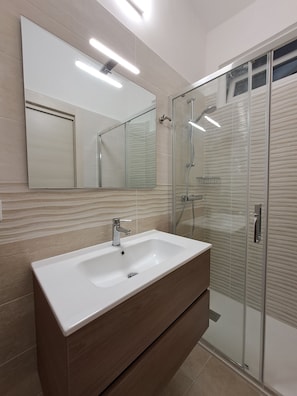 Regadera, secadora de cabello, bidet, toallas