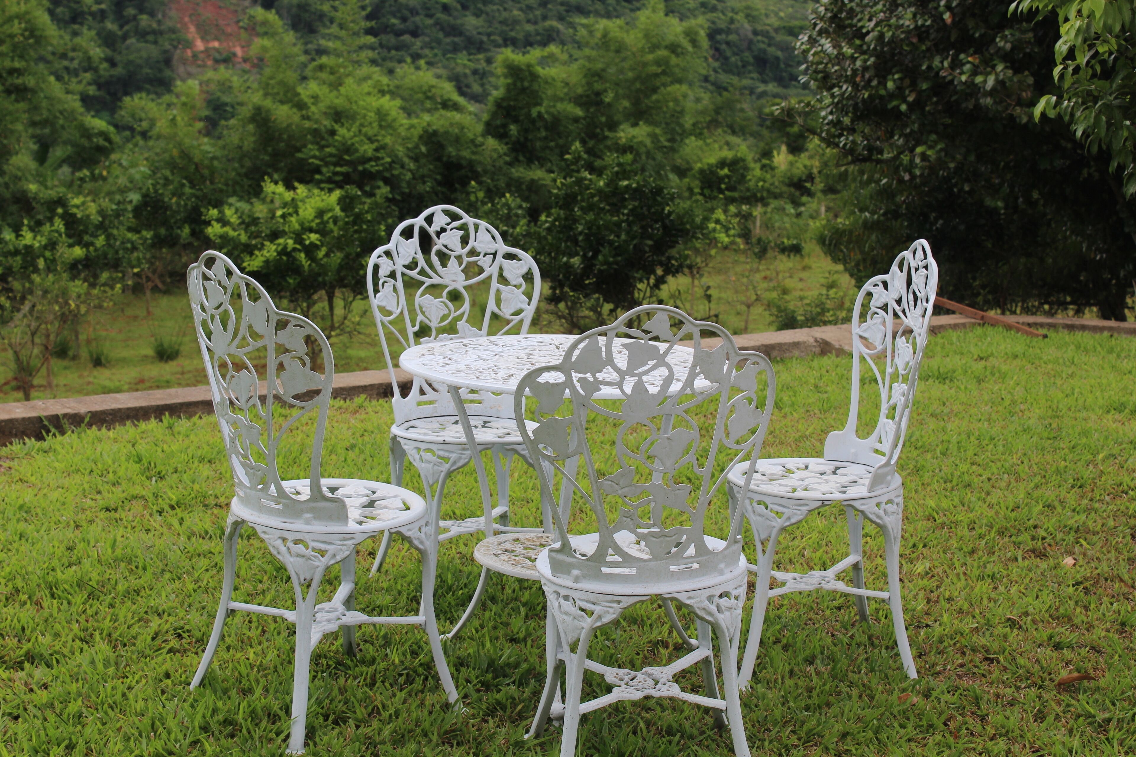 Juego de comedor exterior de metal blanco con una mesa redonda y cuatro sillas, rodeado de exuberante follaje y árboles.