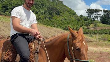 Uma pessoa a cavalo em cenário rural, com céu claro e colinas verdes ao fundo.