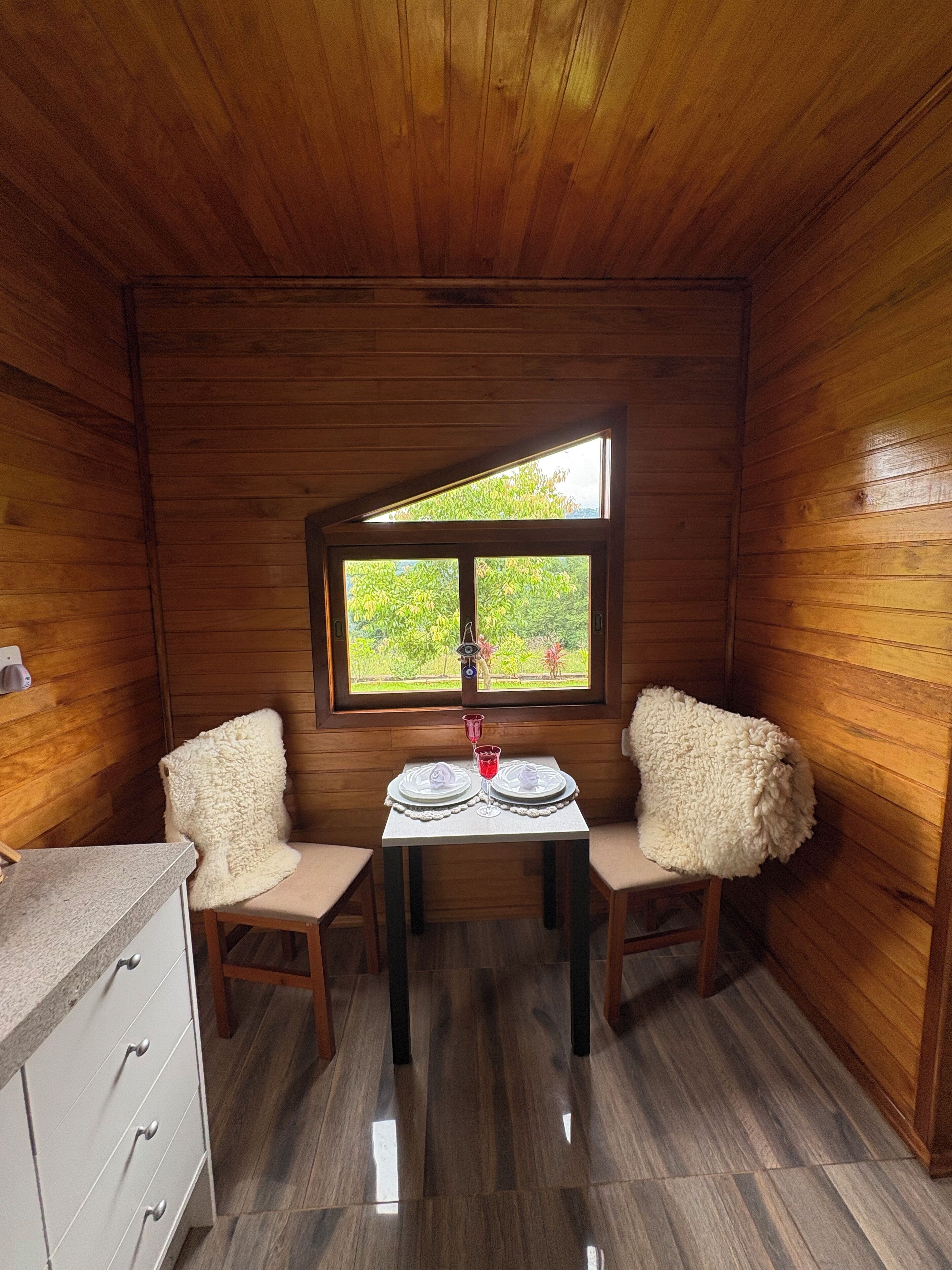 A cozy cabin room with wooden walls, a dining table set with plates and a glass, and two chairs with fluffy cushions.
