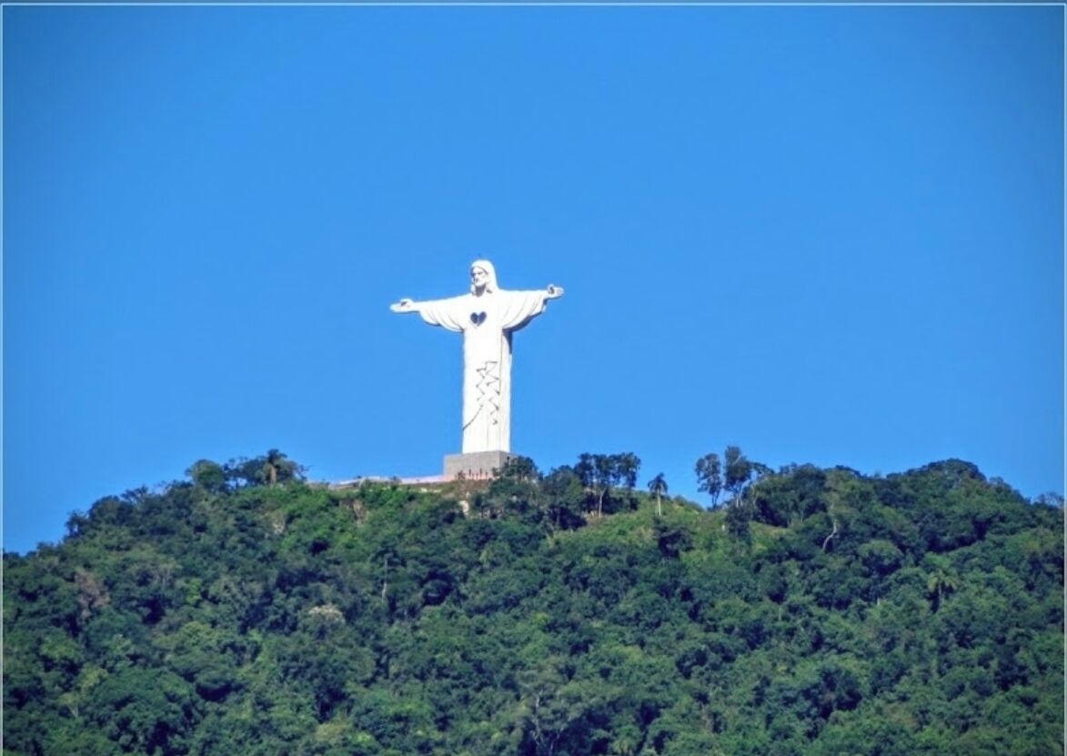 A large statue on a hill with dense green foliage.