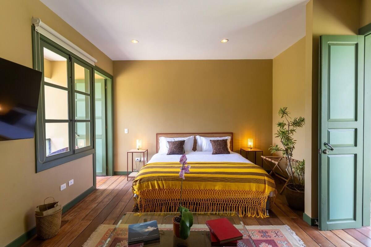 A bedroom with a bed, bedside lamps, a TV, a window, a door, and a plant.