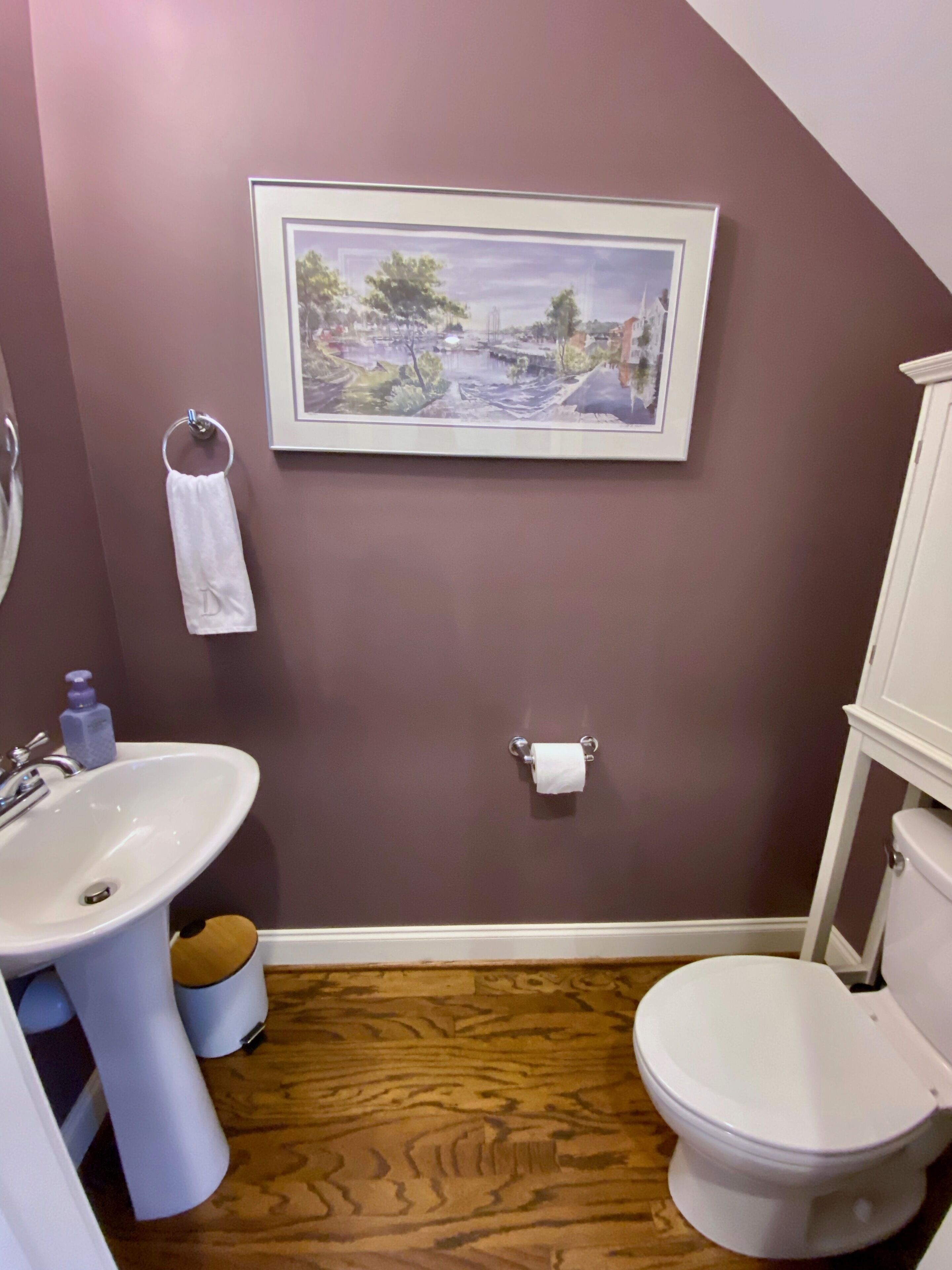 Une salle de bain avec un lavabo, des toilettes et un tableau encadré au mur.