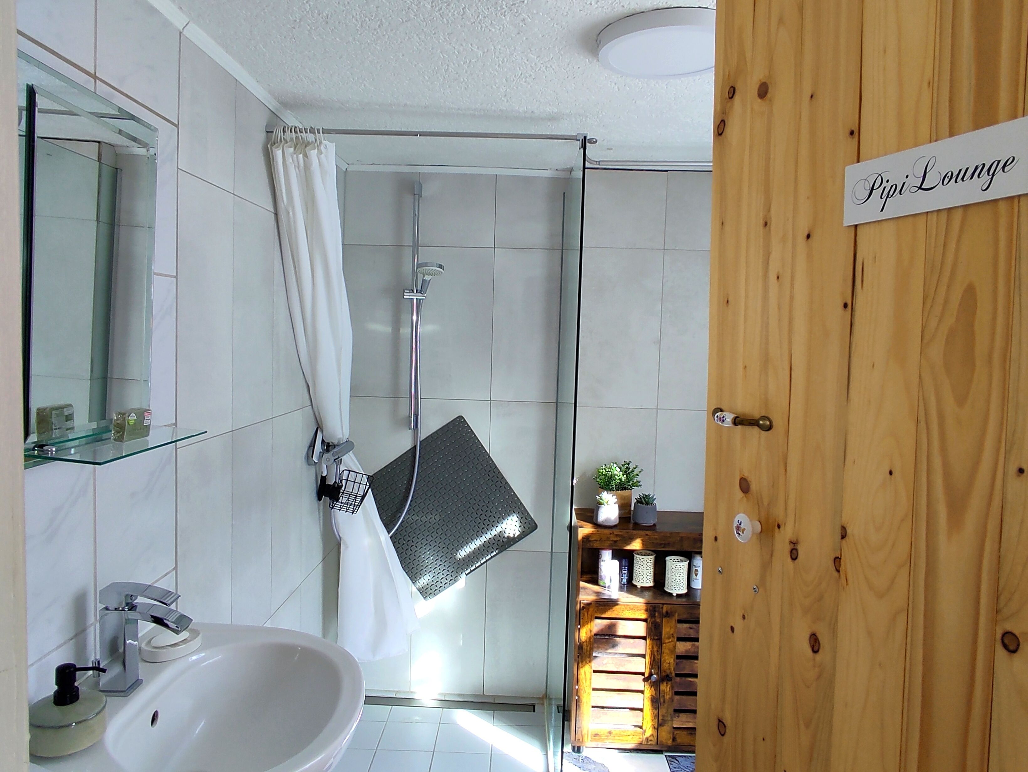 Ein modernes Badezimmer mit Duschkabine aus Glas, einem weißen Waschbecken und einer Holztür mit der Aufschrift 'Pipi Lounge'.