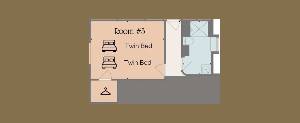 A hotel room layout with two twin beds, a bathroom, and a closet.