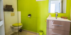 Douche, séchoir à cheveux, serviettes fournies, savon