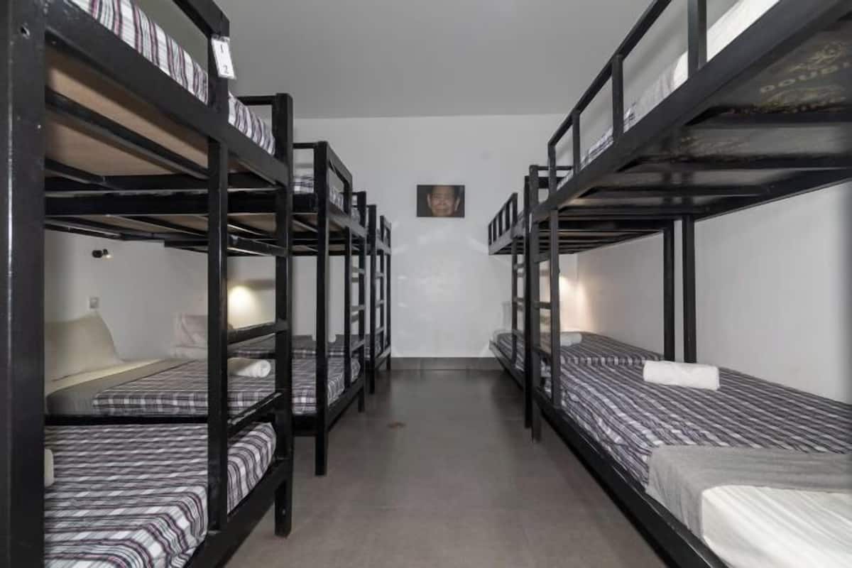 A room with bunk beds, a small table, and a wall-mounted picture.