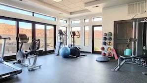 Une salle de sport équipée de machines de cardio, de poids libres et de ballons d’exercice.