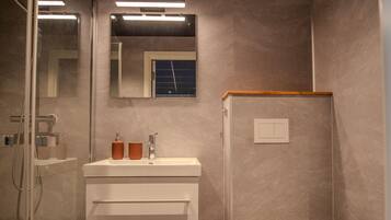 A modern bathroom with a glass shower enclosure, a white vanity with a mirror, and a toilet.