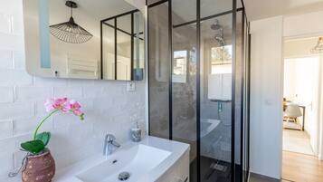 Shower, hair dryer, towels, soap