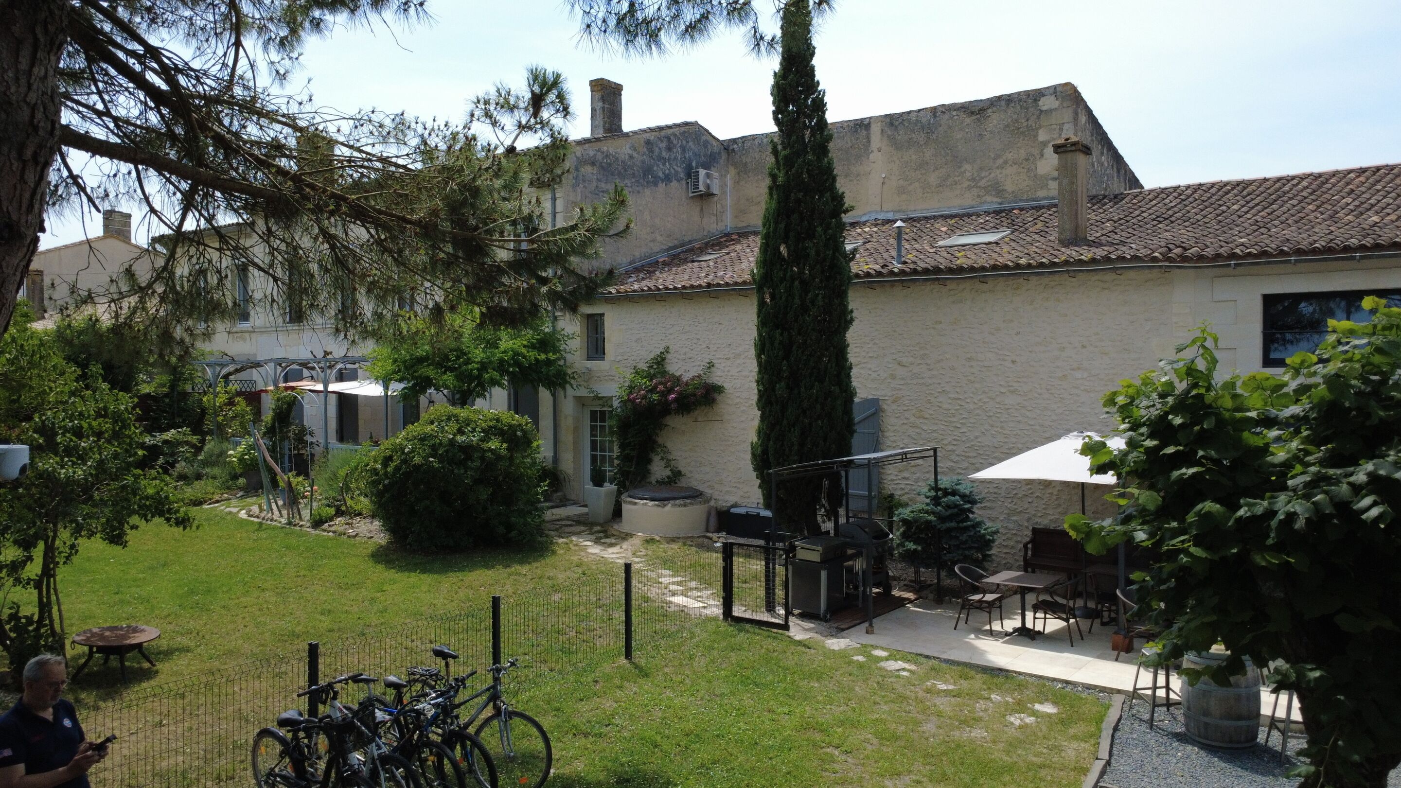 Un patio con una pérgola, un árbol alto y una zona de estar con mesa y sillas.