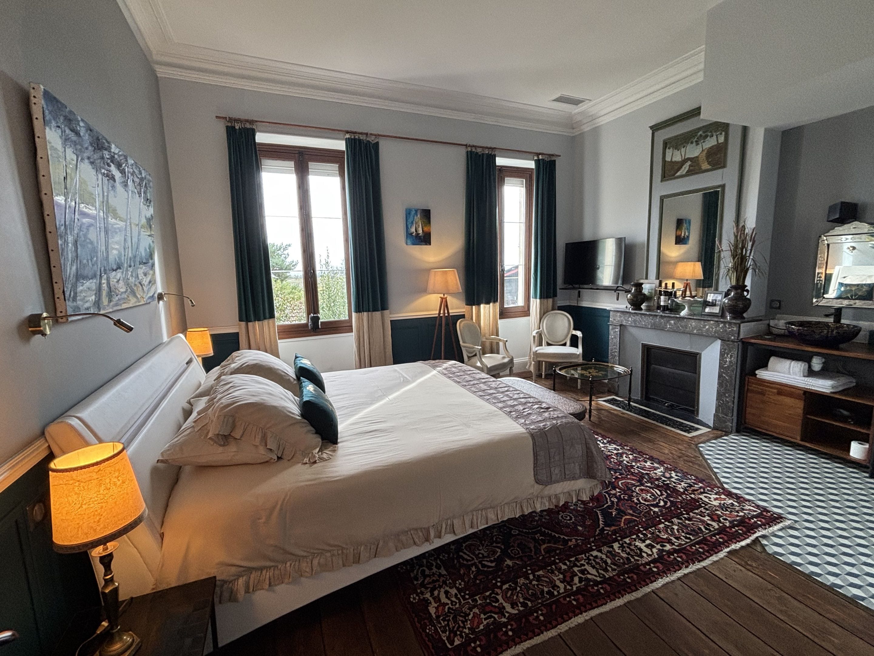 Una habitación de hotel con cama, escritorio, televisor y chimenea.