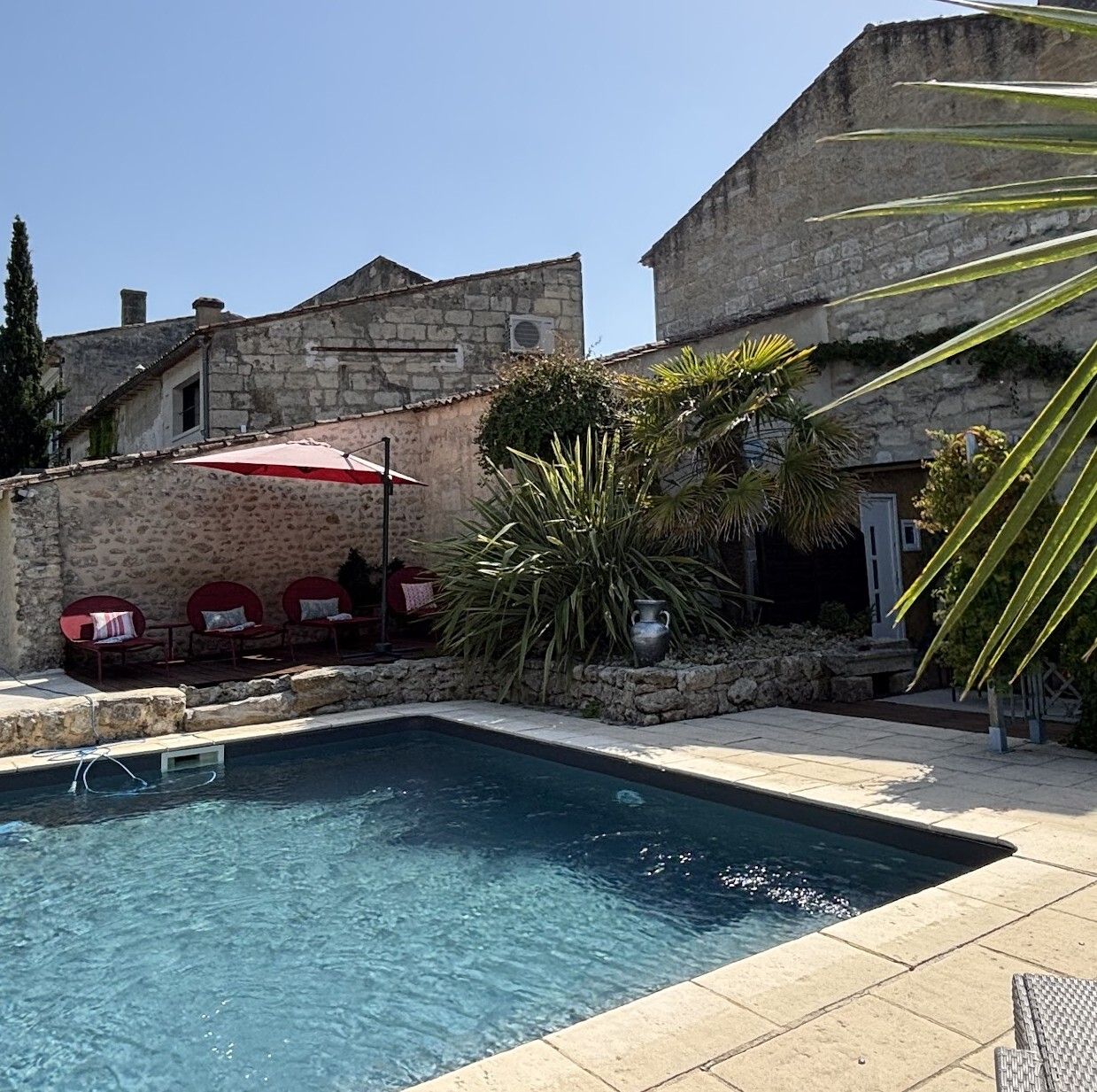 A swimming pool with a stone wall, outdoor seating, and a palm tree.