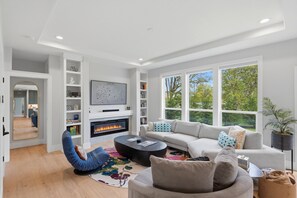 TV, fireplace, books