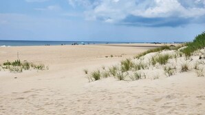 Una extensa playa arenosa con dunas y vegetación dispersa.