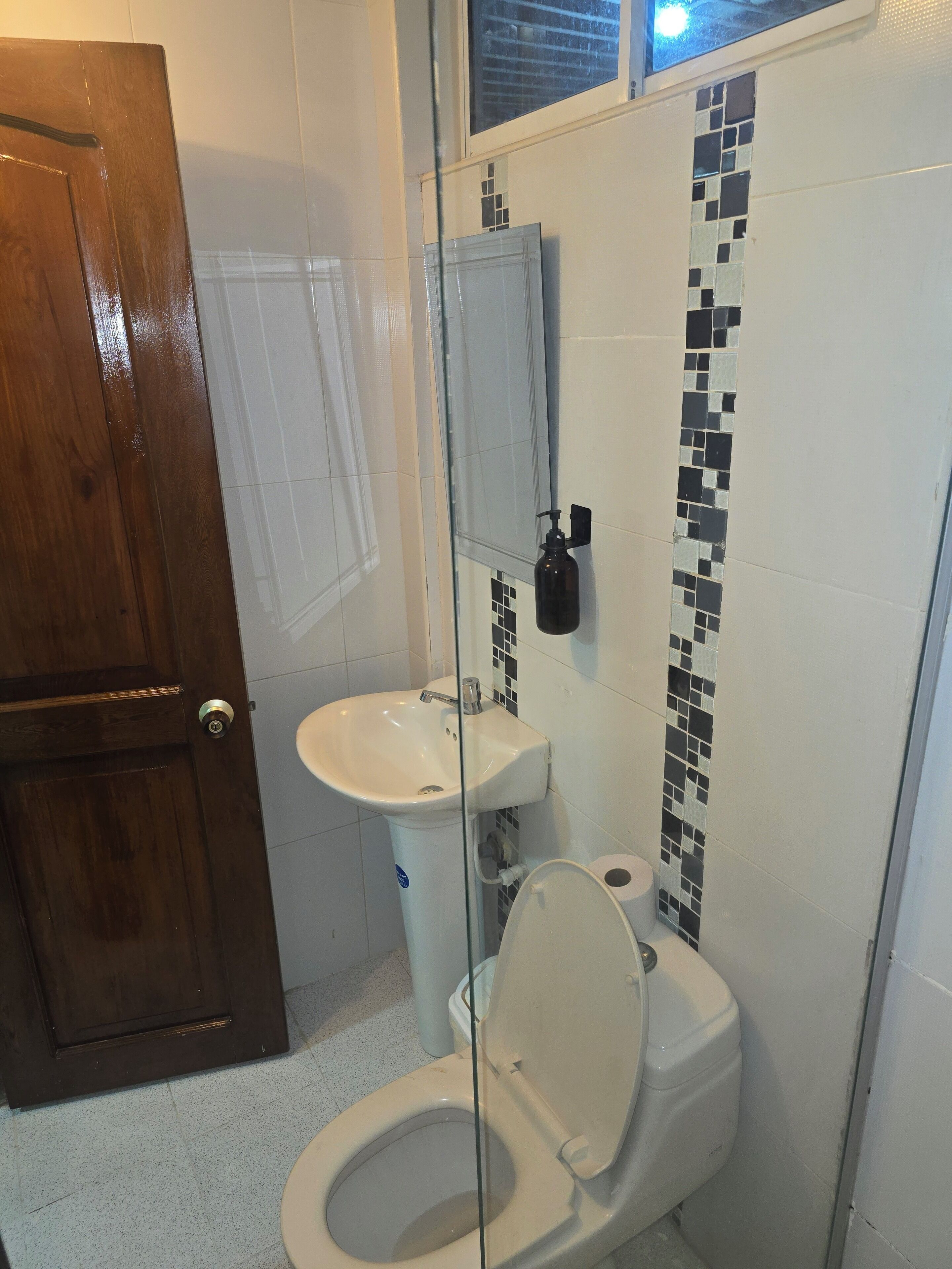 A bathroom with a wooden door, a white sink, a toilet, and a glass partition.
