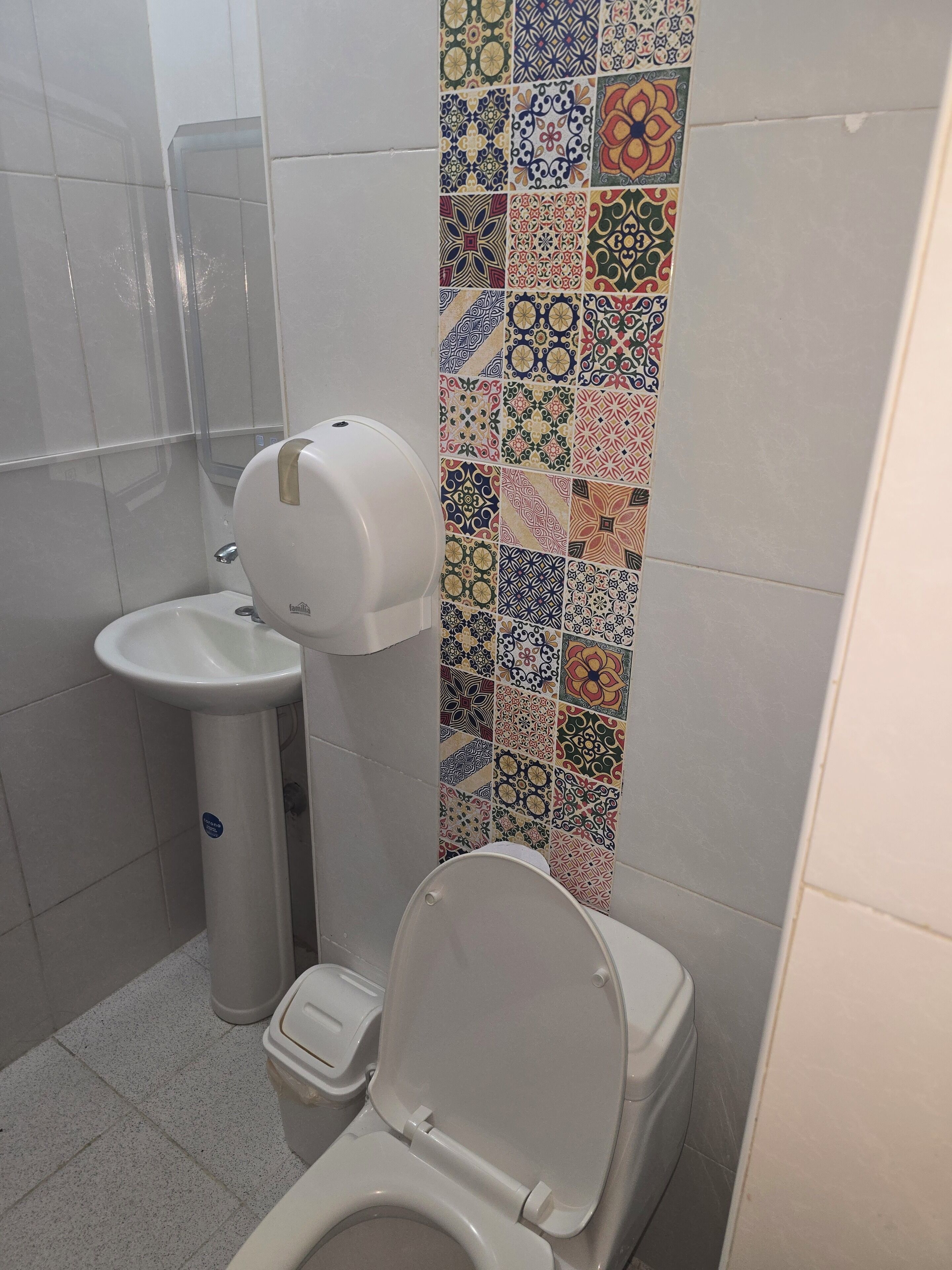 Een badkamer met toilet, wastafel en handdroger.