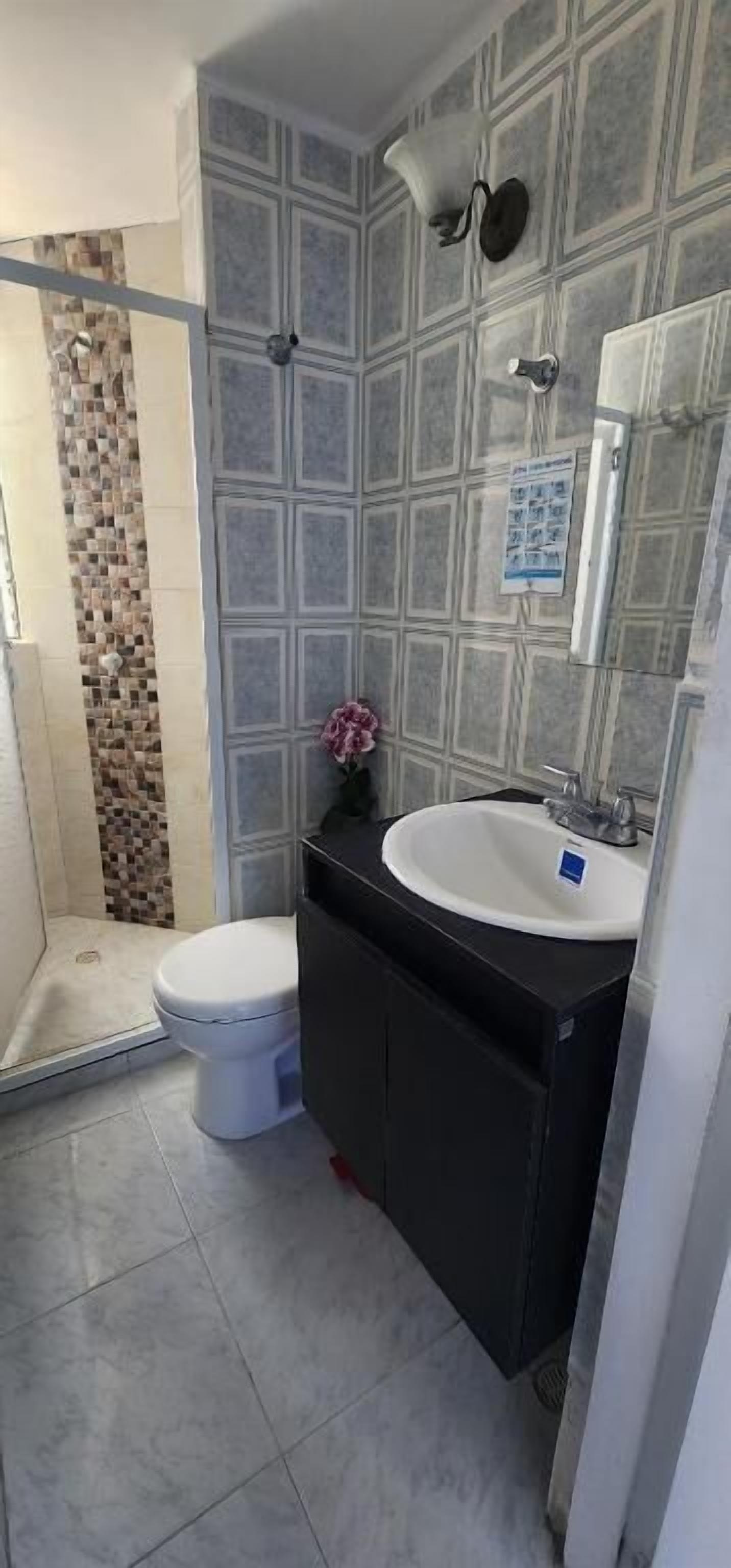 A bathroom with a shower, toilet, sink, and a mirror.