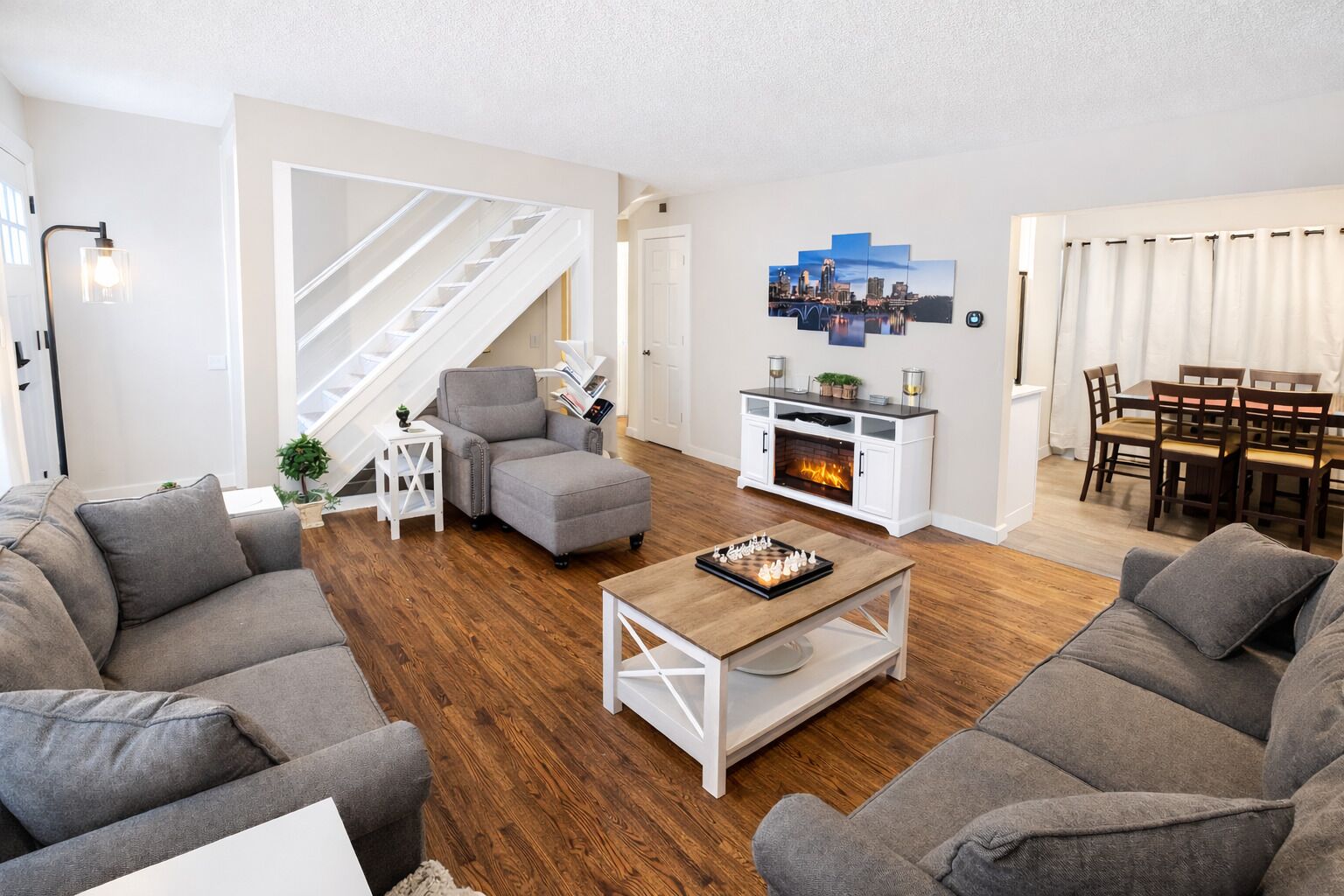 Smart TV, fireplace, table football, books