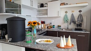 Een koelkast, een magnetron, een oven, een kookplaat