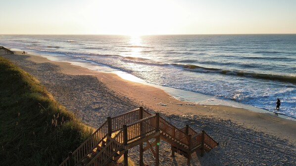 On the beach, sun loungers