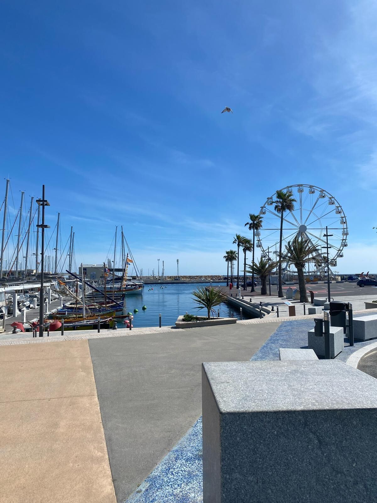 Un port esportiu amb vaixells, una noria i un cel blau clar.