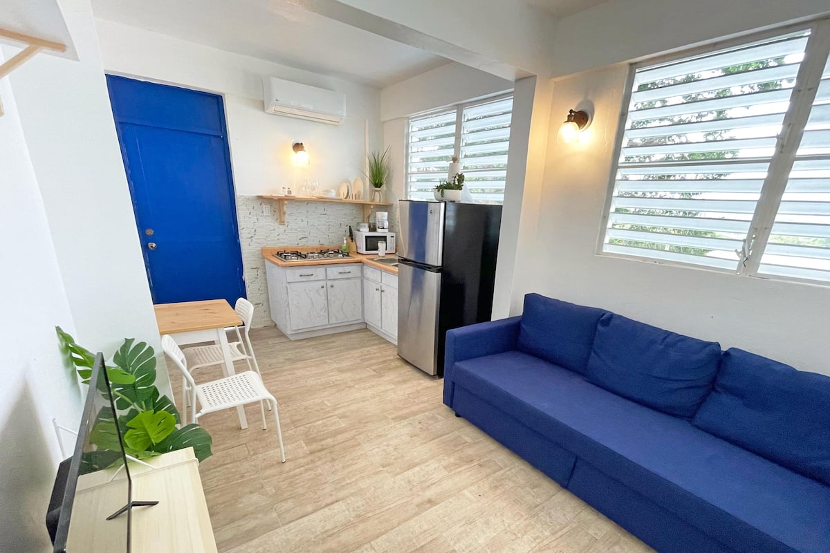 Un espace de vie compact comprenant un coin cuisine, une porte bleue, un canapé et une fenêtre avec des stores.