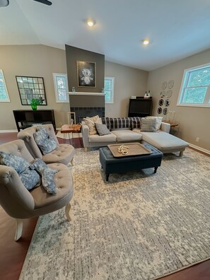 Smart TV, fireplace, books