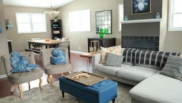 Smart TV, fireplace, books