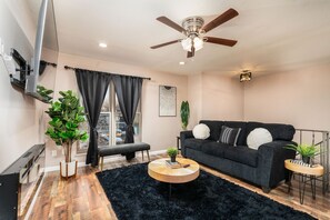 Smart TV, fireplace, books