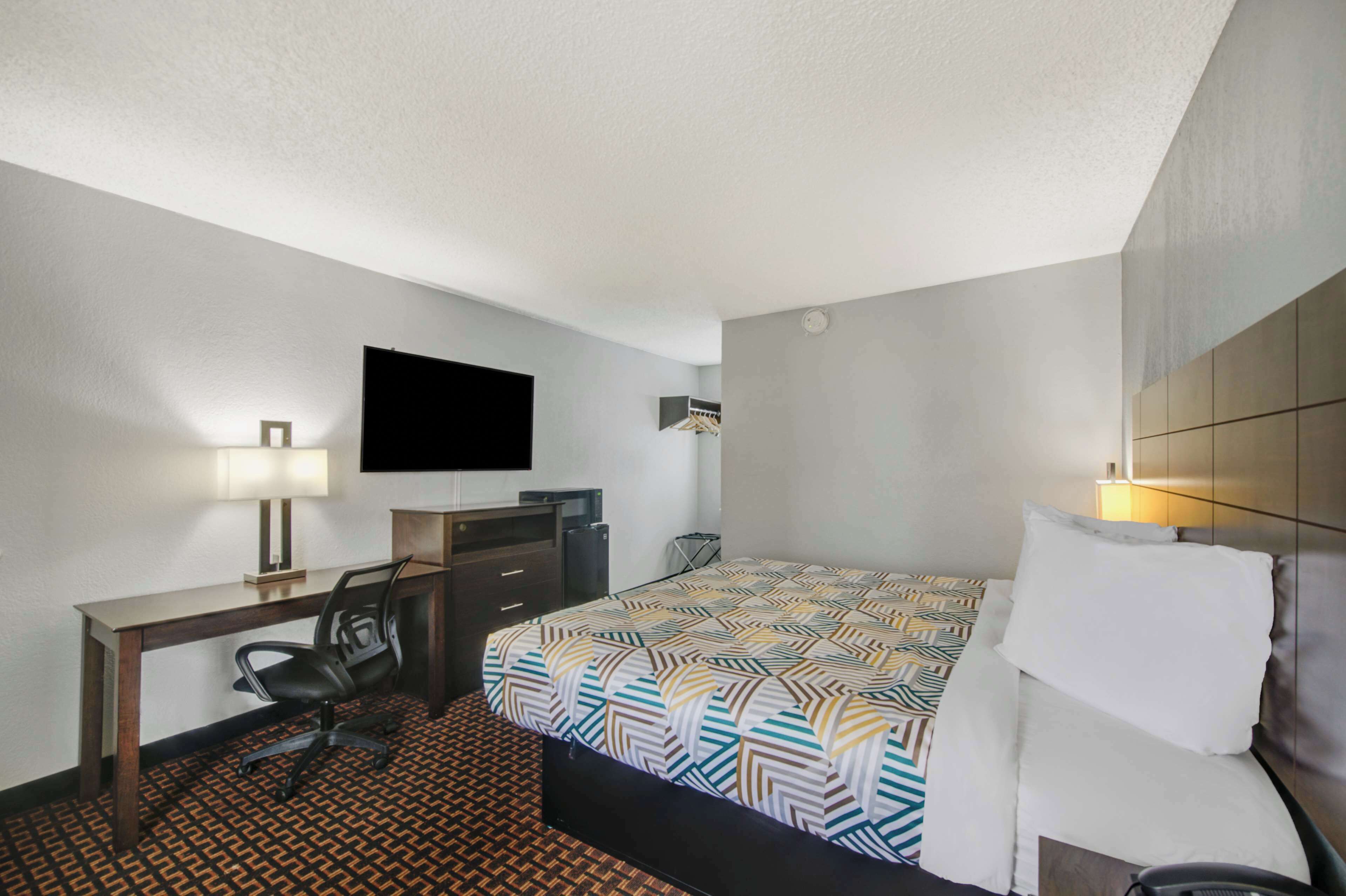 A hotel room with a bed, desk, chair, TV, and a patterned carpet.