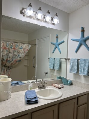 Shower, hair dryer, towels, soap